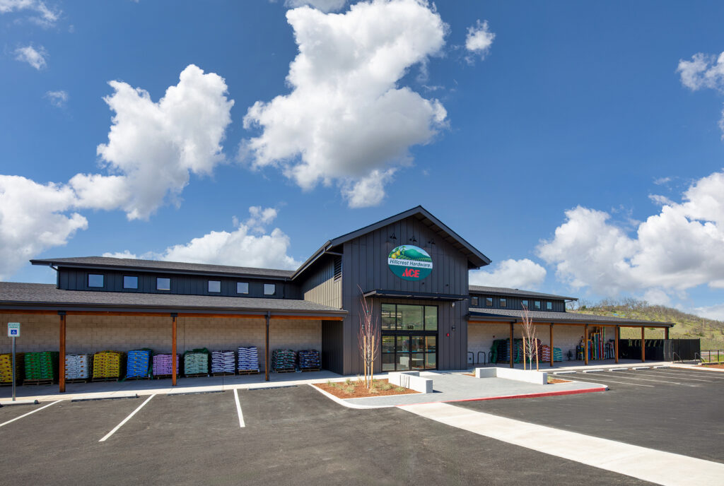 Hillcrest Ace Hardware Medford wide exterior view with covered outdoor display area
