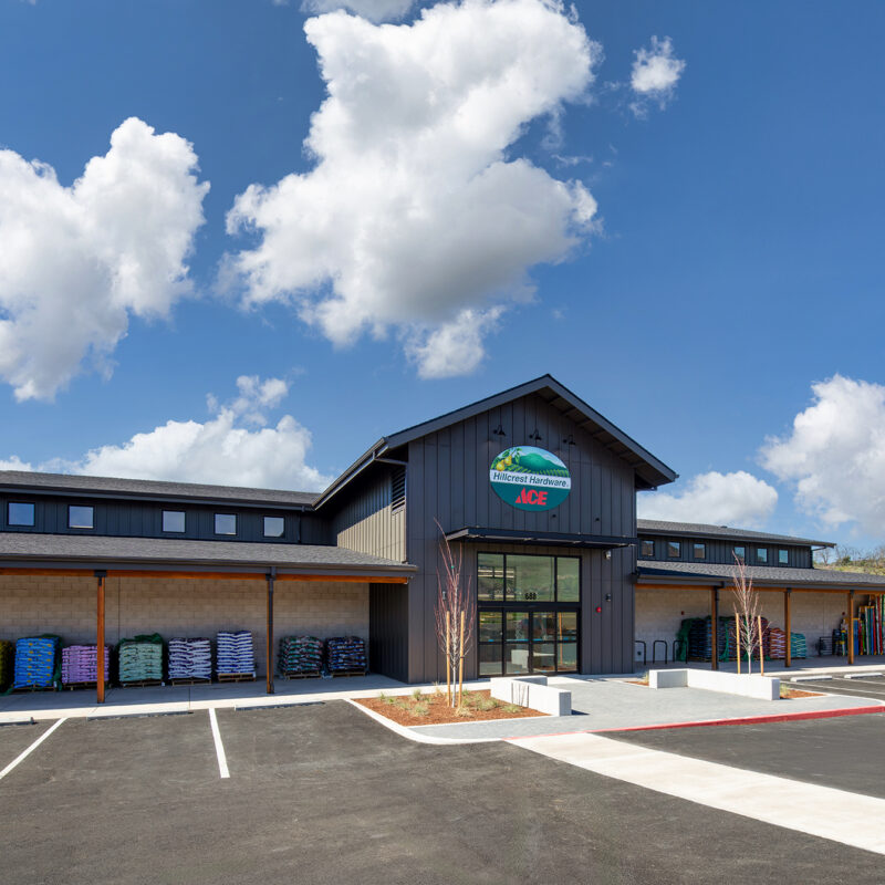 Hillcrest Ace Hardware Medford wide exterior view with covered outdoor display area