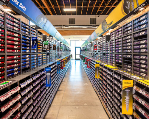 Hillcrest Ace Hardware Medford hardware aisle with organized fasteners and parts