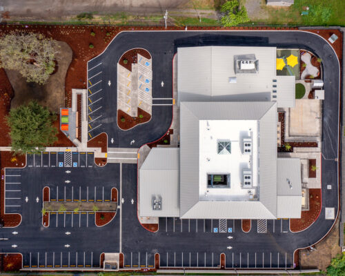 Aerial view of Southern Oregon Education Service District Phoenix campus showing building layout and site circulation