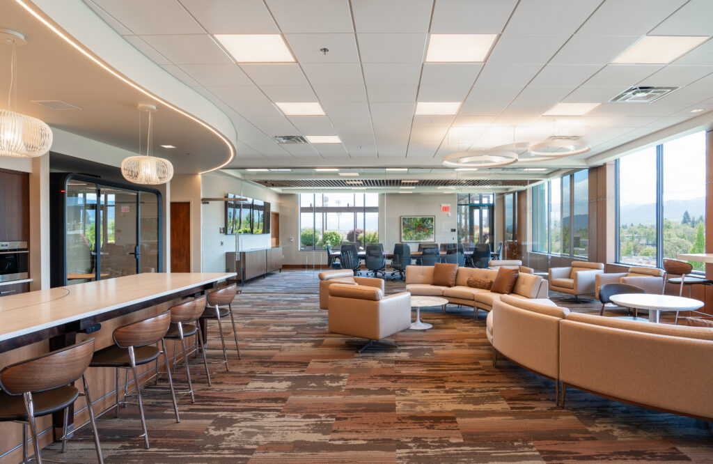 Open lounge and kitchen in the Sellwood Ventures office suite in Medford, Oregon
