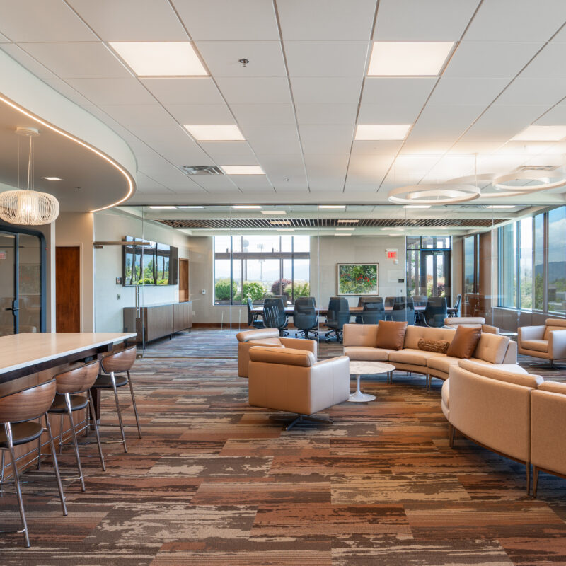 Open lounge and kitchen in the Sellwood Ventures office suite in Medford, Oregon