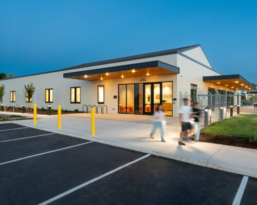 Evening exterior of the Logos Public Charter School Performing Arts and Learning Center