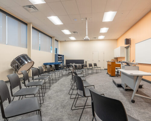 Music classroom with percussion instruments and flexible seating