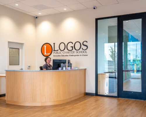 Reception desk and main entrance at Logos Public Charter School